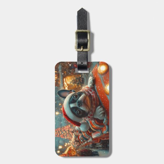 ボストンテリア犬ローラーコースタークリスマス ラゲッジタグ (正面縦)