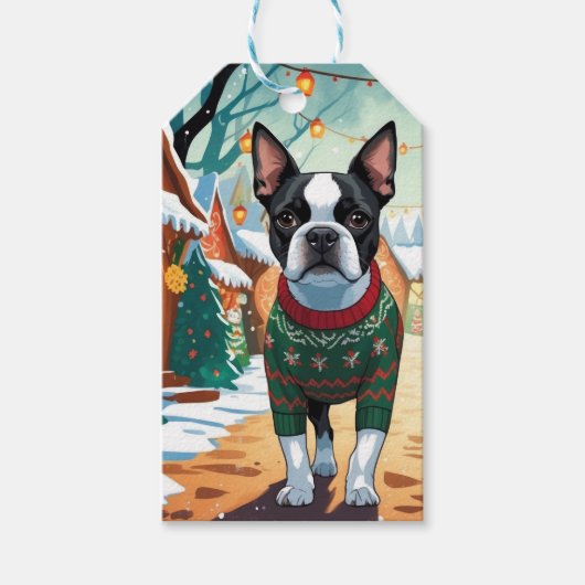 ボストンテリア犬 クリスマス スノー ホリデー ギフトタグ (正面)