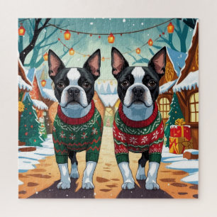 ボストンテリア犬 クリスマス スノー ホリデー ジグソーパズル