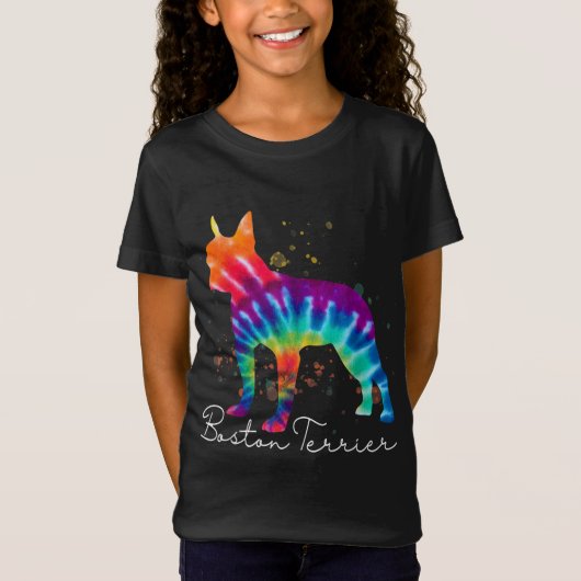 ボストンテリア絞り染めレインボードッグ恋人 Tシャツ (正面)