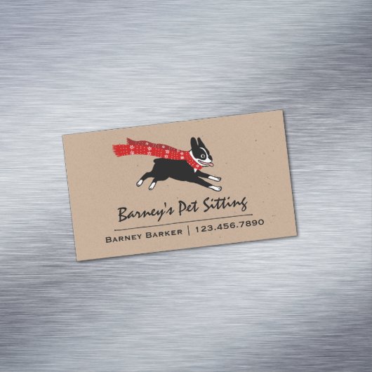 ボストンテリア赤い冬のスカーフを着て マグネット名刺 (インサイチュ)