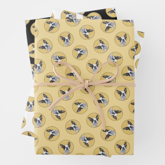 ボストンテリア黒白絵を描のドッグアート ラッピングペーパーシート (インサイチュ)