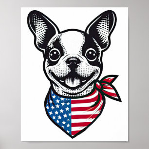 ボストンテリア アメリカ国旗 バンダナ 愛国心あふれる犬 ポスター