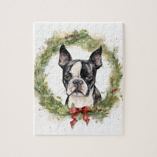 ボストンテリア クリスマスリース クリスマスの愛犬 ジグソーパズル (縦)