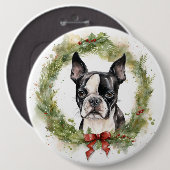 ボストンテリア クリスマスリース クリスマスの愛犬 缶バッジ (正面&裏面)