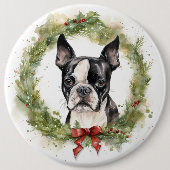 ボストンテリア クリスマスリース クリスマスの愛犬 缶バッジ (正面)