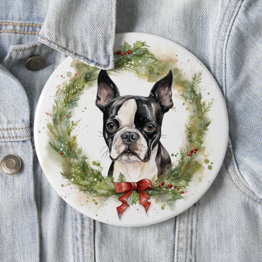 ボストンテリア クリスマスリース クリスマスの愛犬 缶バッジ (インサイチュ)