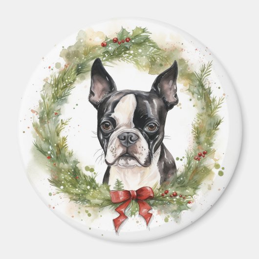 ボストンテリア クリスマス リース お祭り犬  マグネット (正面)