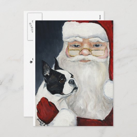 ボストンテリア/サンタドッグアートクリスマスポストカード シーズンポストカード (正面/裏面)