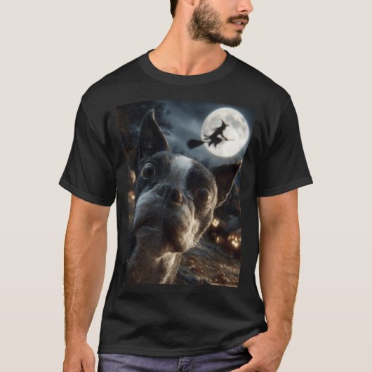 ボストンテリア セルフィー フルムーン空飛ぶ魔女 Tシャツ (正面)