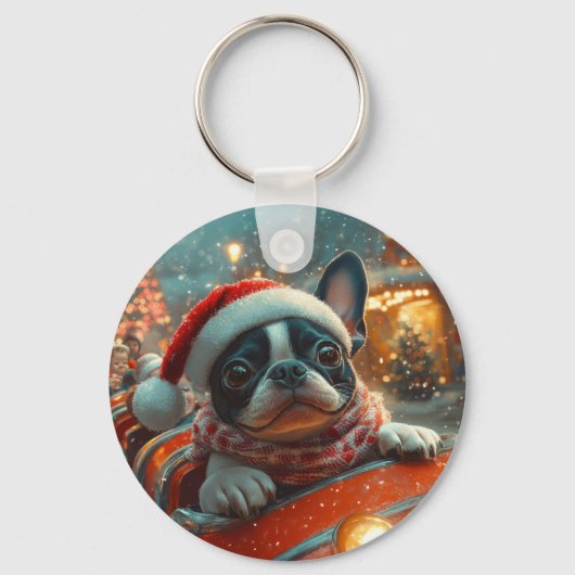 ボストンテリア 犬 ローラーコースター クリスマス キーホルダー (正面)