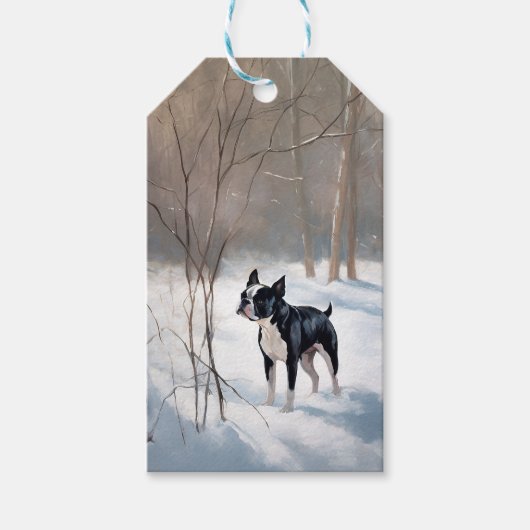 ボストンテリア 雪を降らせて クリスマス ギフトタグ (正面)