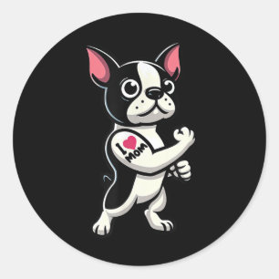 ボストンテリアIラブママおもしろい犬タトゥー ラウンドシール