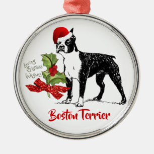ボストンテリアw/Santaの帽子のヒイラギのクリスマス メタルオーナメント
