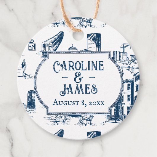 ボストントイレネイビーパーソナライズされた結婚式の引き出物ラベル フェイバータグ (正面)