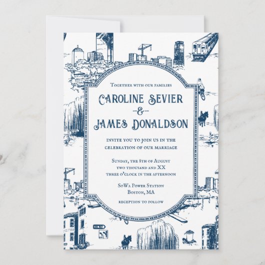 ボストントイレネイビー結婚式招待状 招待状 (正面)