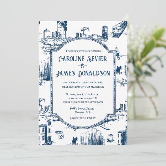 ボストントイレネイビー結婚式招待状 招待状 (スタンド正面)