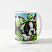 ボストンパーソナライズされたテリアパピーとグリーンボウ コーヒーマグカップ (正面右)