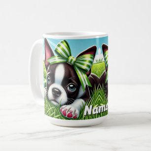 ボストンパーソナライズされたテリアパピーとグリーンボウ コーヒーマグカップ