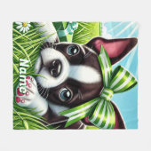 ボストンパーソナライズされたテリアパピーとグリーンボウ フリースブランケット (正面(横))