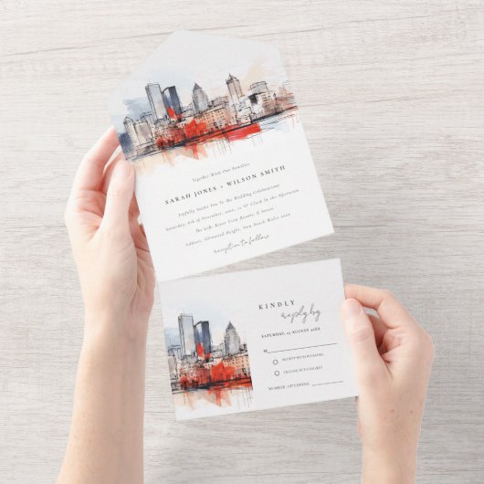 ボストンマサチューセッツ州シティスケープのウォーター結婚カラー オールインワン招待状 (貼ってはがせる)