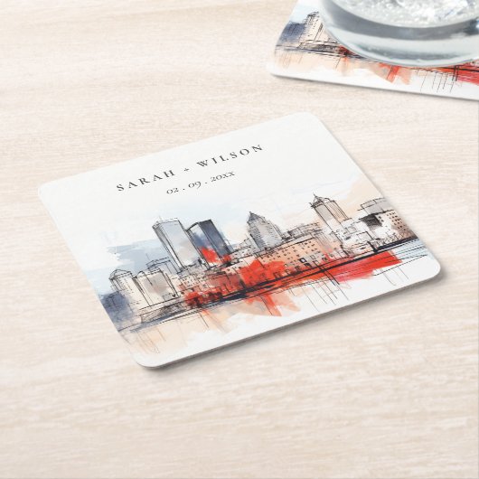 ボストンマサチューセッツ州シティスケープのウォーター結婚カラー スクエアペーパーコースター (アングル)