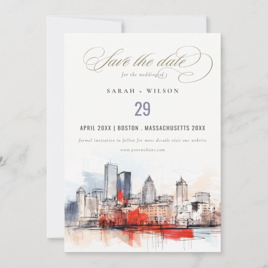 ボストンマサチューセッツ州シティスケープのウォーター結婚カラー セーブザデート (正面)