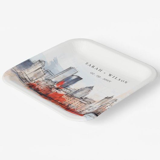 ボストンマサチューセッツ州シティスケープのウォーター結婚カラー ペーパープレート (傾斜あり)