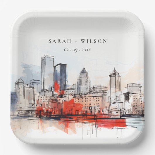 ボストンマサチューセッツ州シティスケープのウォーター結婚カラー ペーパープレート (正面)