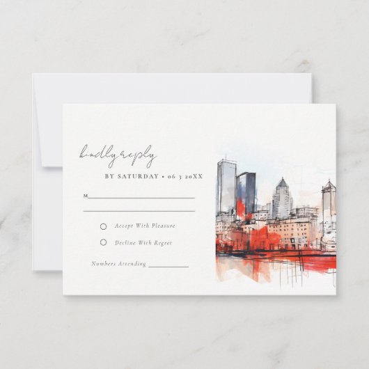 ボストンマサチューセッツ州シティスケープのウォーター結婚カラー 出欠カード (正面)