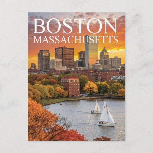 ボストンマサチューセッツ州スカイライン秋のセーラーボートのポスト ポストカード (正面)