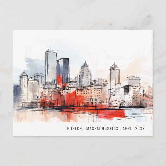 ボストンマサチューセッツ市景水彩ウェディング ポストカード (正面)