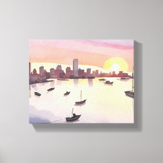 ボストン港 | 水彩画の都市風景 マサチューセッツ キャンバスプリント (正面)