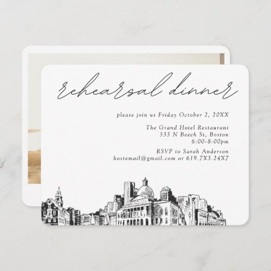 ボストン結婚のスケッチエレガントリハーサルディナー エンクロージャーカード (正面/裏面)
