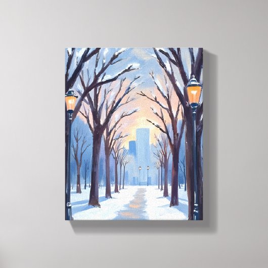 ボストン・コモン 冬の降雪 水彩画 キャンバスプリント (正面)
