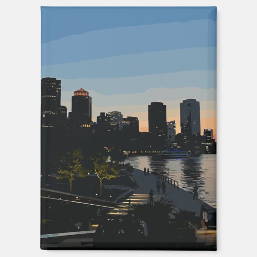 ボストン シーポート 夕焼け シティ スカイライン 水彩画 マグネット (正面)