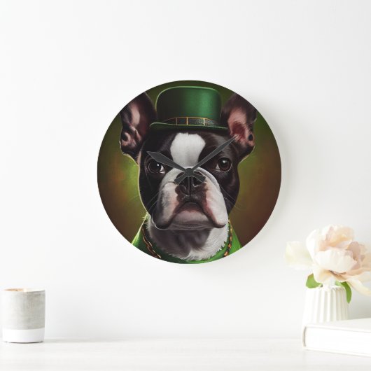 ボストン・テリア犬の聖パトリックのデイドレス ラージ壁時計 (ホーム)