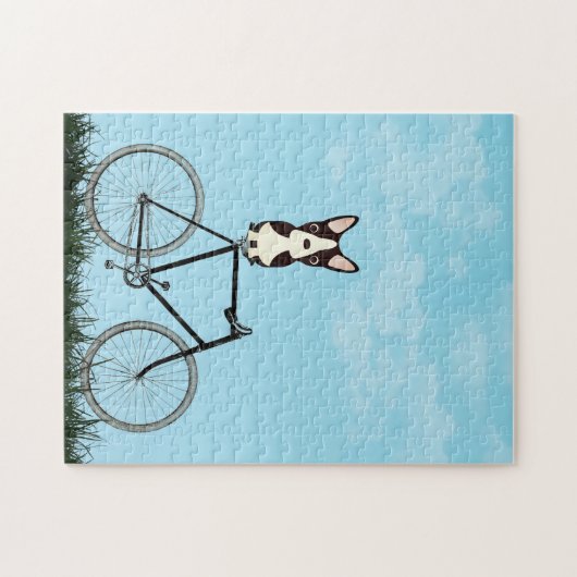 ボストン・テリア・ドッグが自転車に乗るヴィンテージ ジグソーパズル (横)