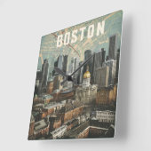 ボストン，ボストン，マサチューセッツ州スカイライン地図と共に スクエア壁時計 (傾斜)