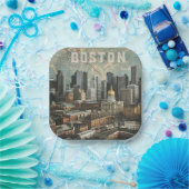 ボストン，ボストン，マサチューセッツ州スカイライン地図と共に ペーパープレート (パーティー)