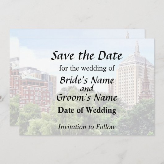 ボストン マサチューセッツ州 - ボストン公共庭園からの眺め セーブザデート (正面/裏面)