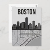 ボストン・マサチューセッツ・シティ・スカイラインと地図 ポストカード (正面/裏面)