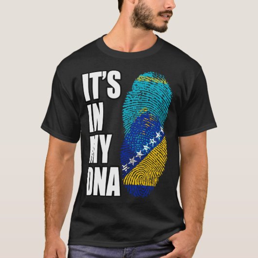 ボスニア・アンド・カザフスタンミックスDNA伝統国旗 Tシャツ (正面)