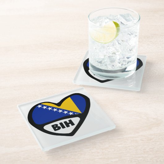 ボスニア・ヘルツェゴビナ国コード国旗ハートBIH ガラスコースター (アングル)
