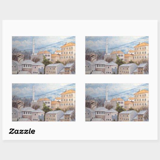 ボスニア・モスター – アクリル絵画街並み 長方形シール (シート)