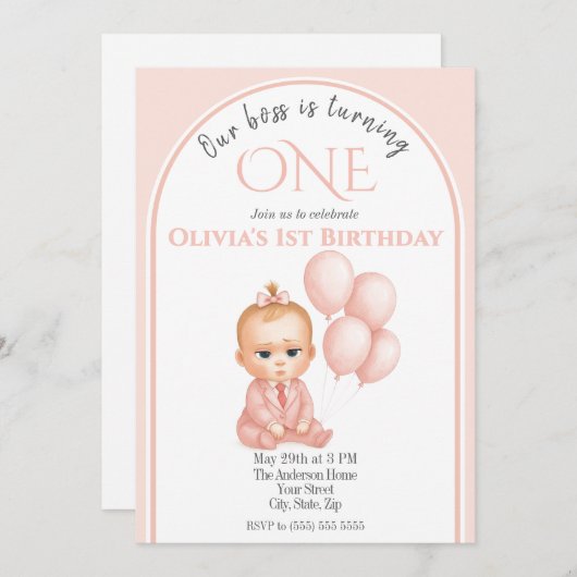 ボスベビーガール誕生日招待状ピンクパステル 招待状 (正面/裏面)