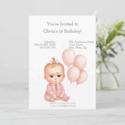 ボスベビーガール誕生日招待状ピンクパステル 招待状 (スタンド正面)