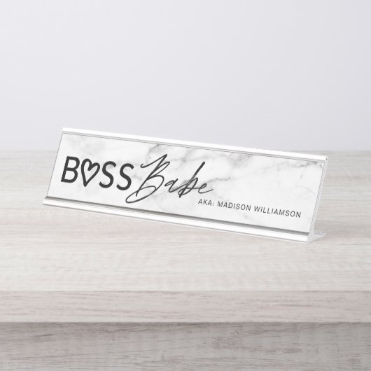 ボスモダンベースタイリッシュブホワイトグレー大理石&ブラック デスクネームプレート (正面)