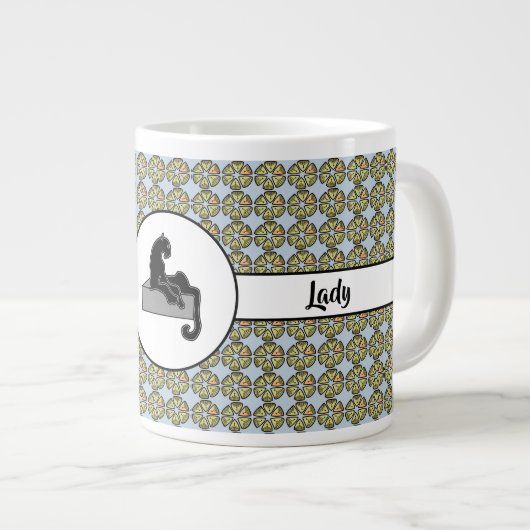 ボスレディーブラックキャットとピンクの花ブルー ジャンボコーヒーマグカップ (正面右)