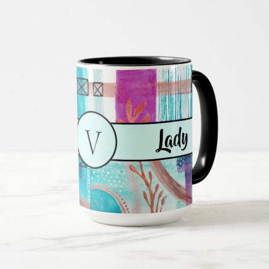 ボスレディーブラックモノグラム抽象芸術リンガー15oz マグカップ (正面右)